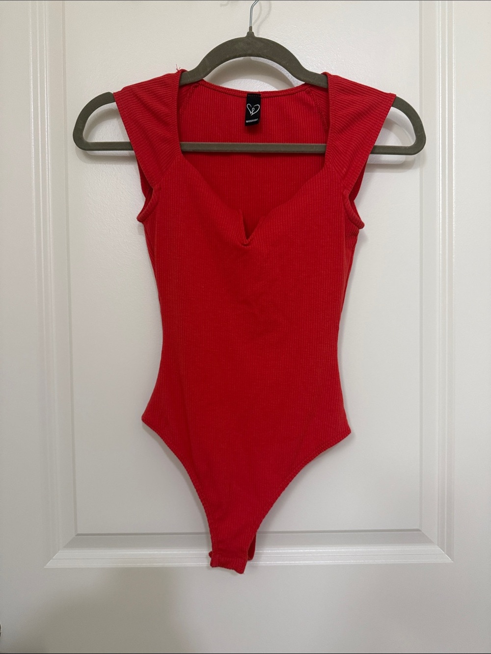Windsor Red Ribbed V-Notch Cap Sleeve Bodysuit